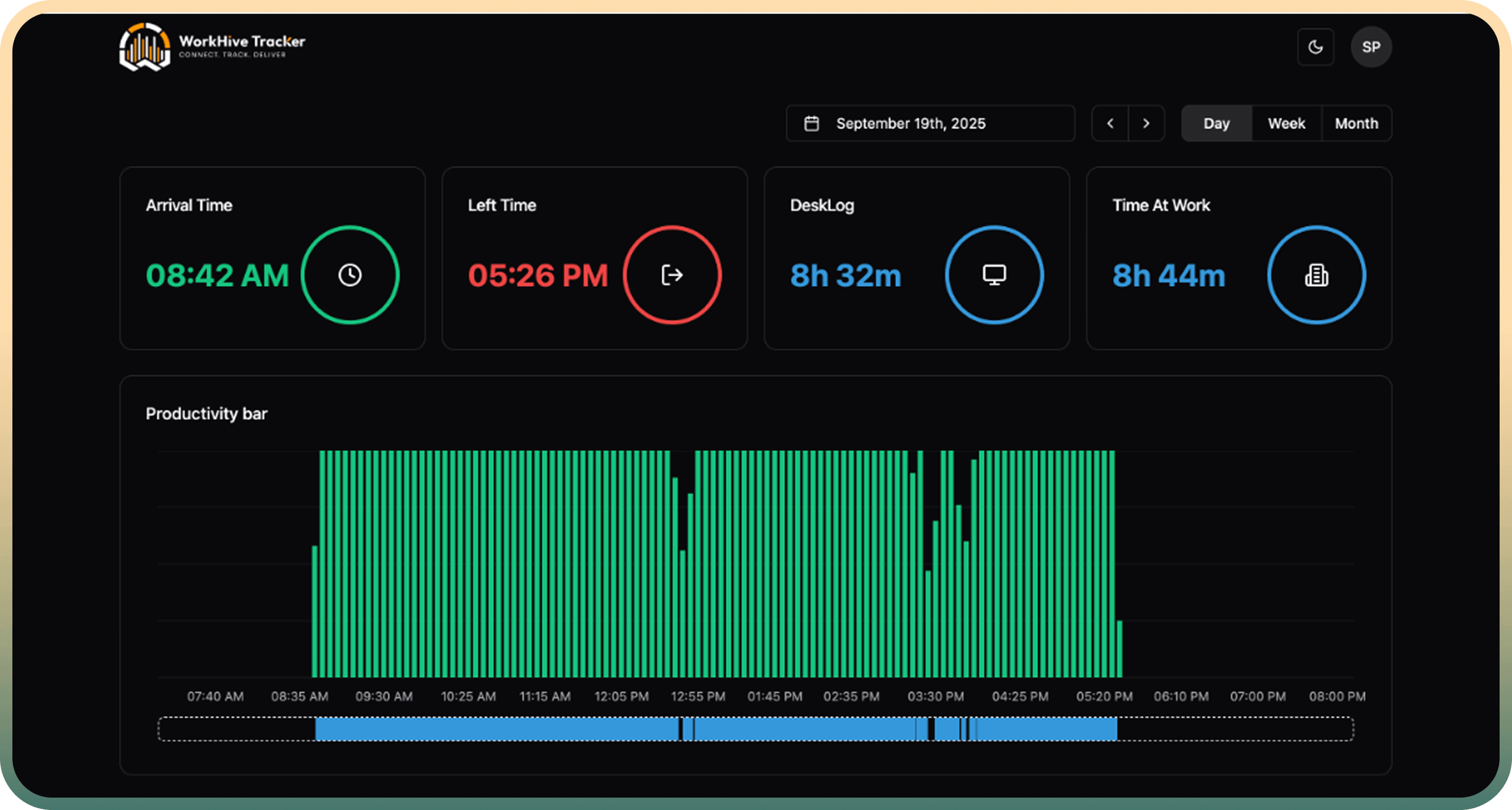 WorkHive dashboard showing arrival time, hours worked, and daily productivity bar — dark mode