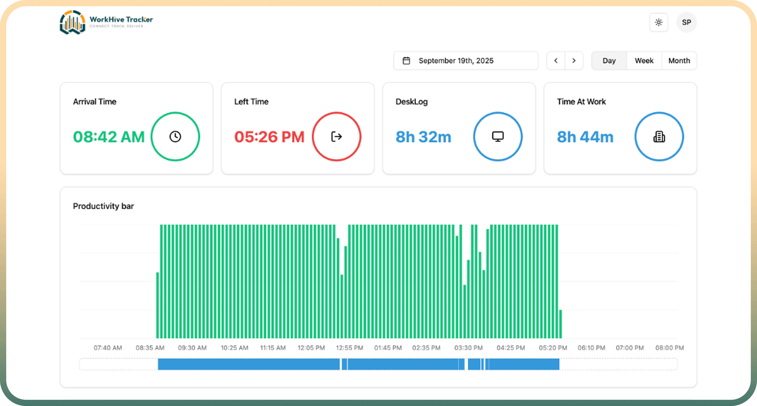 WorkHive dashboard showing arrival time, hours worked, and daily productivity bar — light mode